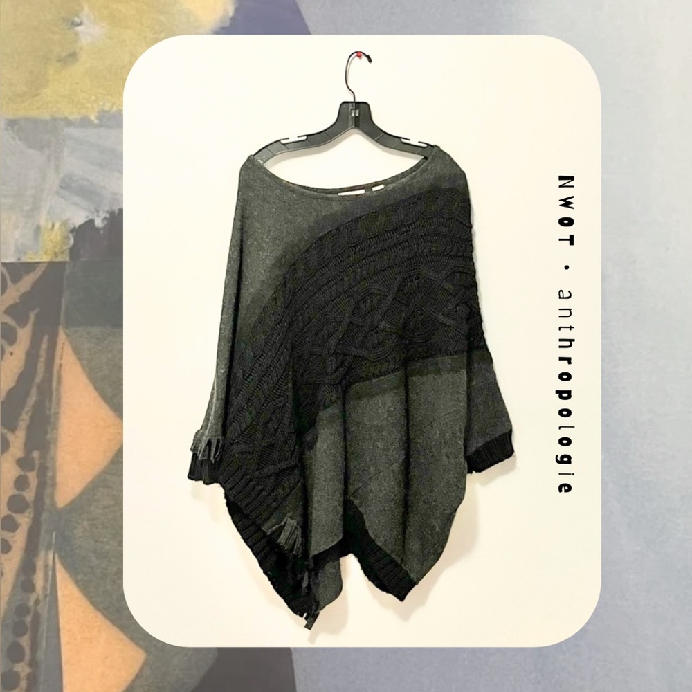 anthropologie dark gray and light gray knit sweater fringe poncho